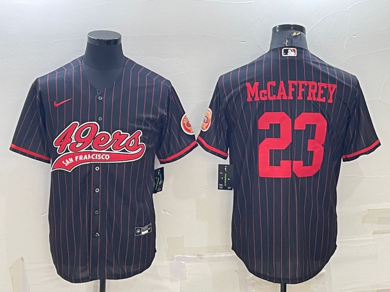 Men's San Francisco 49ers #23 Christian McCaffrey Black With Patch Cool Base Stitched Baseball Jersey Men's San Francisco 49ers #23 Christian McCaffrey Black With Patch Cool Base Stitched Baseball Jersey